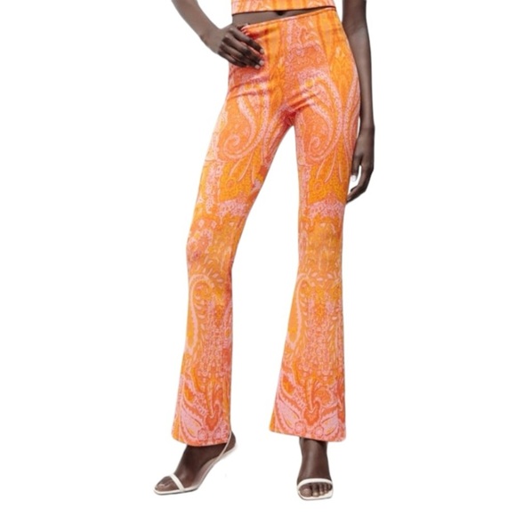 ZARA Orange Pink Jacquard Retro‎ Print 70’s Pants Bell Bottoms Flared size S NWT - Picture 10 of 10